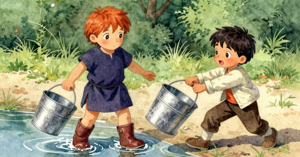 弗雷澤揮動著鐵桶，與露比在濕潤海灘齊步前行，合作愉快，池塘邊景致生動