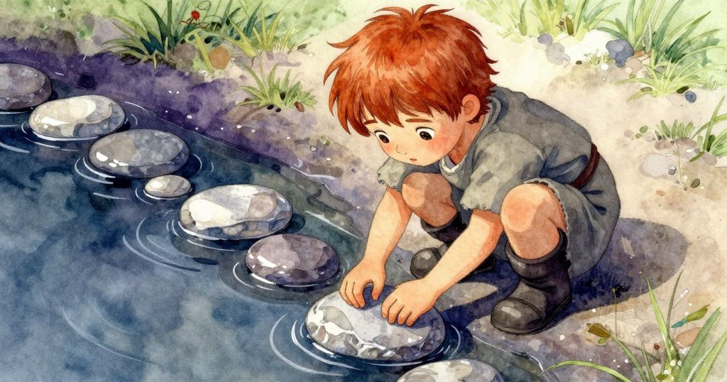 露比自上方俯視，專注排列三塊扁石，導引池水流向，展現細緻動作與堅毅