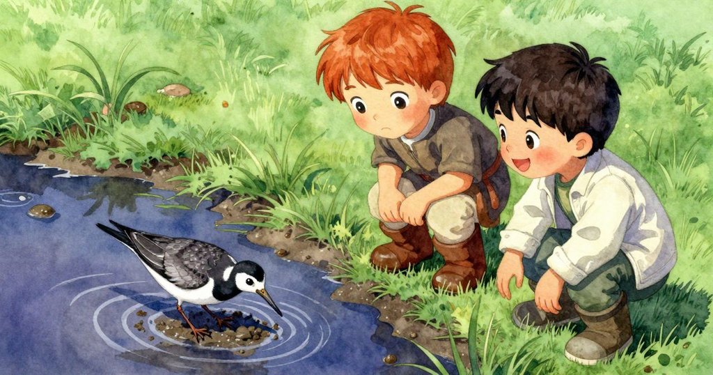 一隻長嘴鷸突擾泥濘池水，露比與弗雷澤會心一笑，描繪生動瞬間及互動情誼