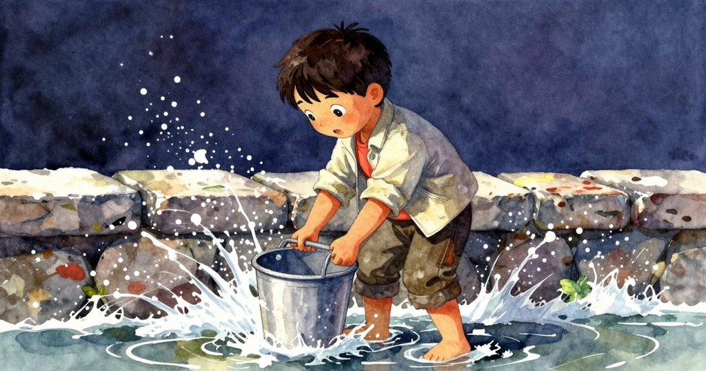 弗雷澤操作鐵桶捕捉湍急水流，石塊築成小壩，動態場景展現和諧收穫