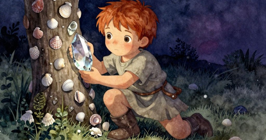 露比發現光滑玻璃碎片，神情自豪地攜帶至傾斜柱旁，柔光映襯使命落幕