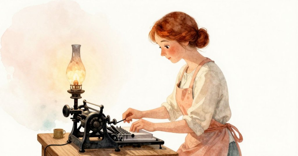 露比在古老印刷工坊中操作印刷機，油燈微光映照出寧靜早晨，表情專注準備開始工作