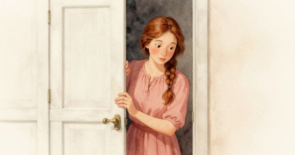 梅布爾從打字櫃後靜靜觀察露比工作，透過門縫露出安心微笑，傳達支持與關懷