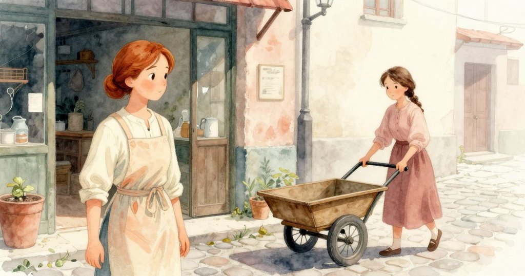 外景顯示車輪在鵝卵石上滾動，工作坊門邊映出午後溫暖光線，城市喧囂與寧靜內部形成對比