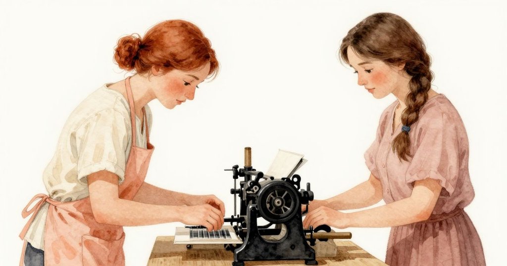 露比與梅布爾在印刷機旁共同檢視故障，兩人互助安慰，環境溫暖恢復寧靜，展現團結力量