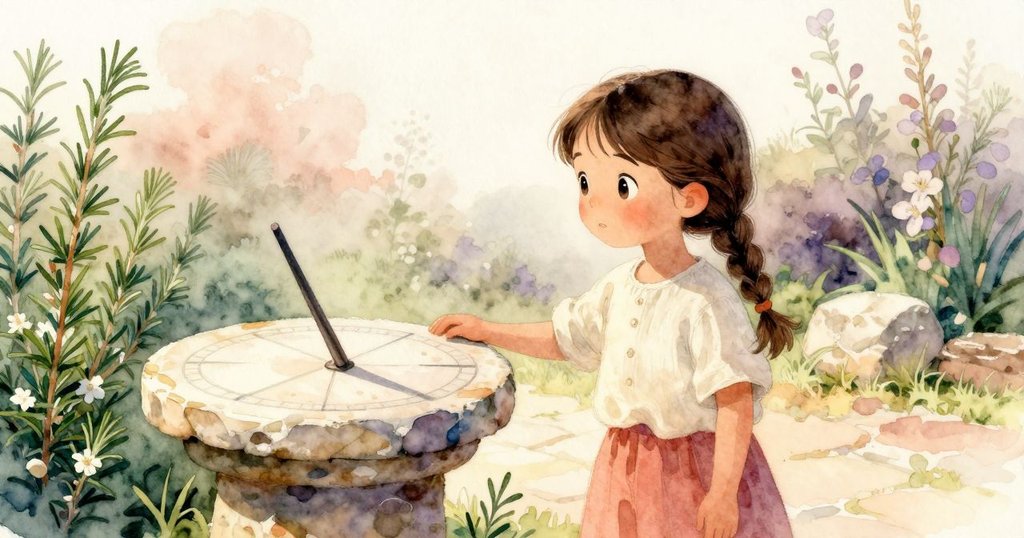 露西婭在日出花園中觀察日晷,陰影正處於日晷刻痕間,環境充滿溫暖與神秘感