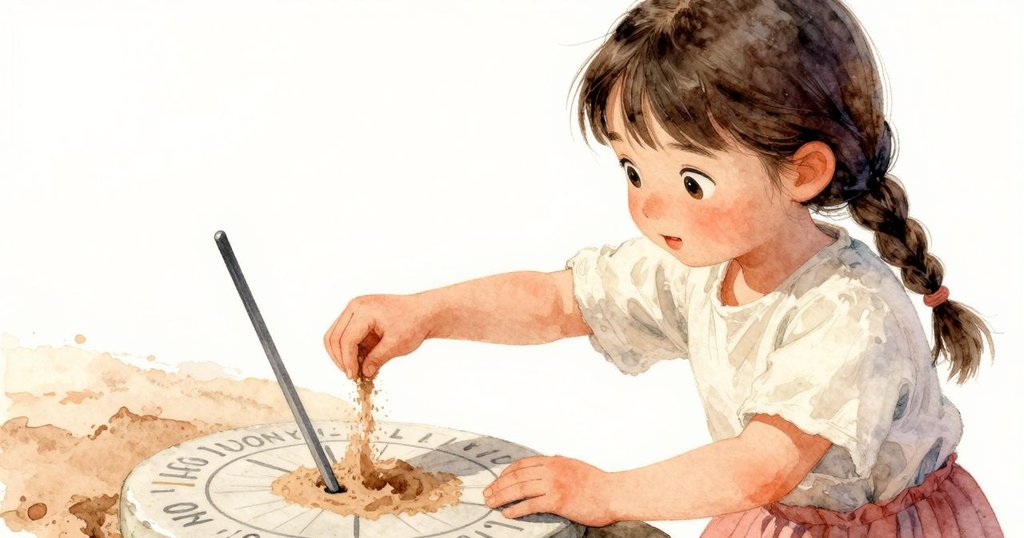 露西婭專注用手倒入黃褐色沙子至日晷,手部動作細膩,環境溫柔而專注