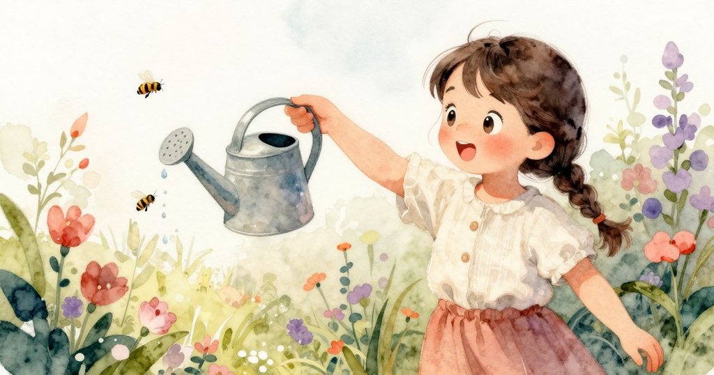 露西婭旁邊灑水壺傾斜滴水,蜜蜂繽紛飛舞,畫面以扭曲角度呈現動感,氣氛活力盎然