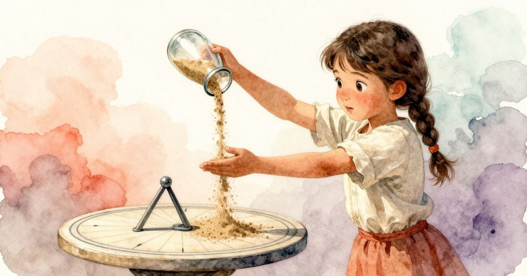 露西婭迅速轉動沙瓶控制傾瀉沙流,日晷柱面呈現非凡幾何變形,畫面充滿戲劇性與夢幻感