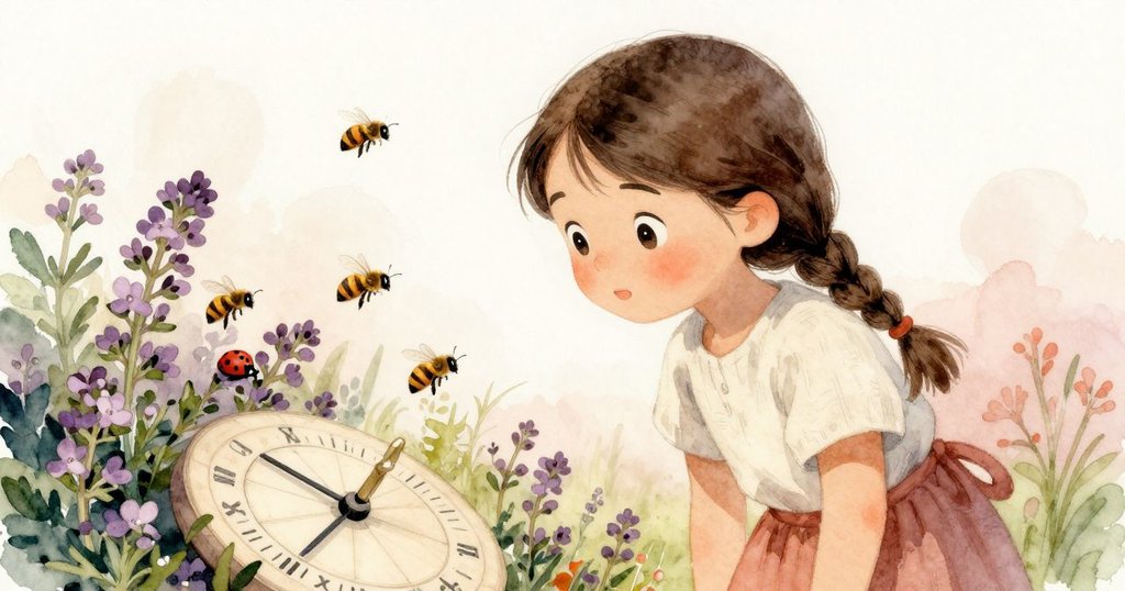 露西婭欣賞花園中蜜蜂與瓢蟲幼體的互動,泰姆花綻放圍繞日晷,氛圍溫馨且充滿生機