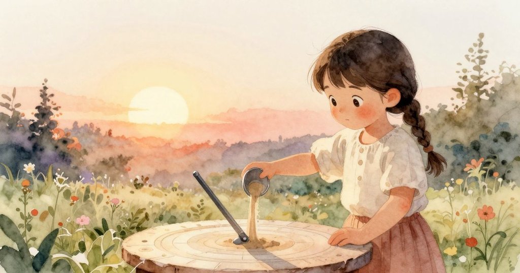 露西婭在黃昏金色光芒中再次倒沙,日晷陰影延伸,花園寧靜而充滿溫柔結局,動作平靜專注