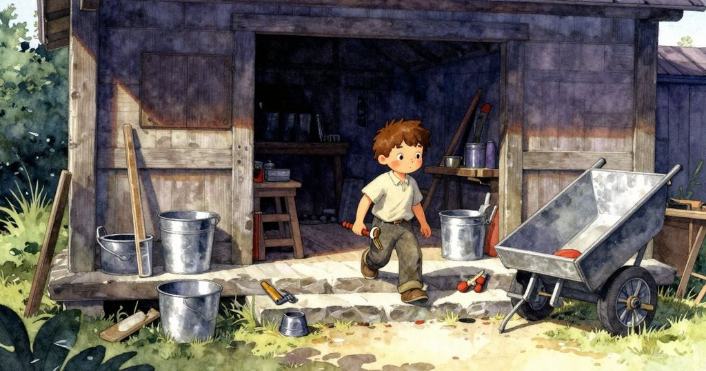艾弗瑞特站在石階前的舊工作坊外，金色午後陽光下，金屬桶隨風搖晃，充滿期待。