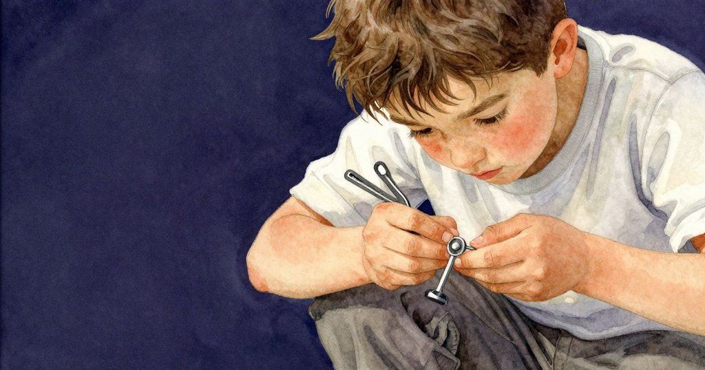 艾弗瑞特集中注視機械細節，目光堅定，近距離呈現午後微光中的情緒。