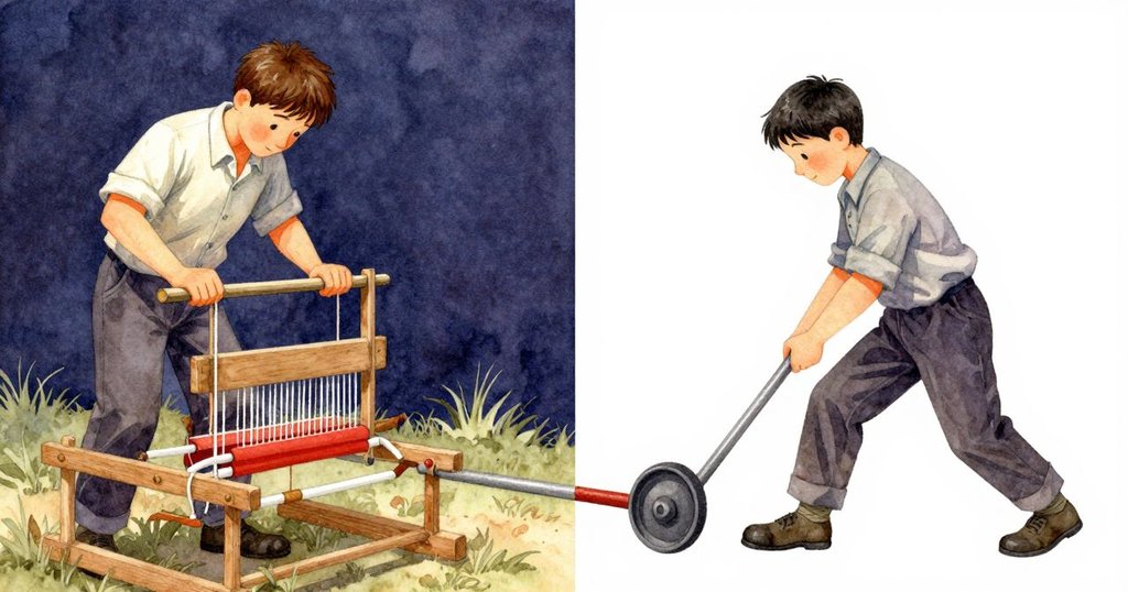 左側艾弗瑞特操作織機，右側鄰居奮力拉起車輛門閂，動感雙畫面展現忙碌情境。