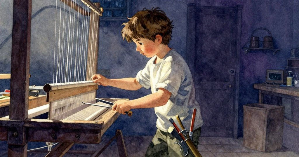 工作坊內光線由溫暖轉冷，塵埃舞動，織機間呈現不一光影變化。