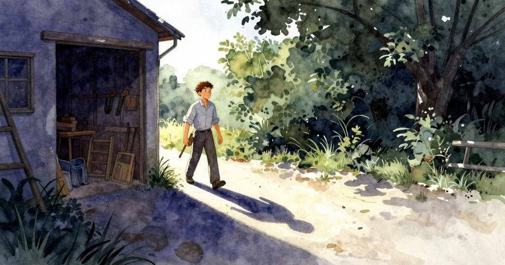 艾弗瑞特走出工作坊，面向開放前景，夕陽餘暉下步伐堅定，展現新希望。