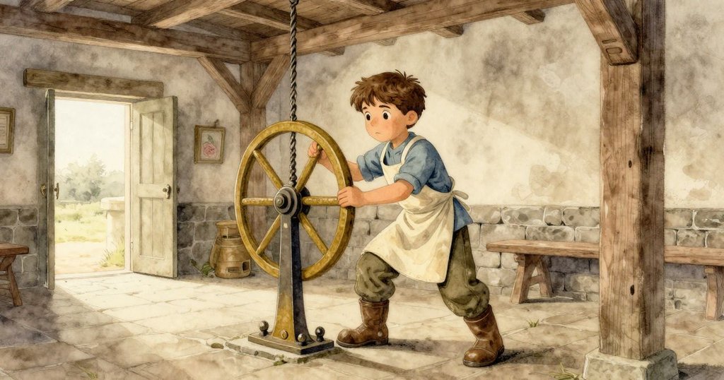 Stella在古老水磨內舉起操縱桿，立於石板路上，神情充滿期待，室內光線柔和，營造出平靜氛圍。