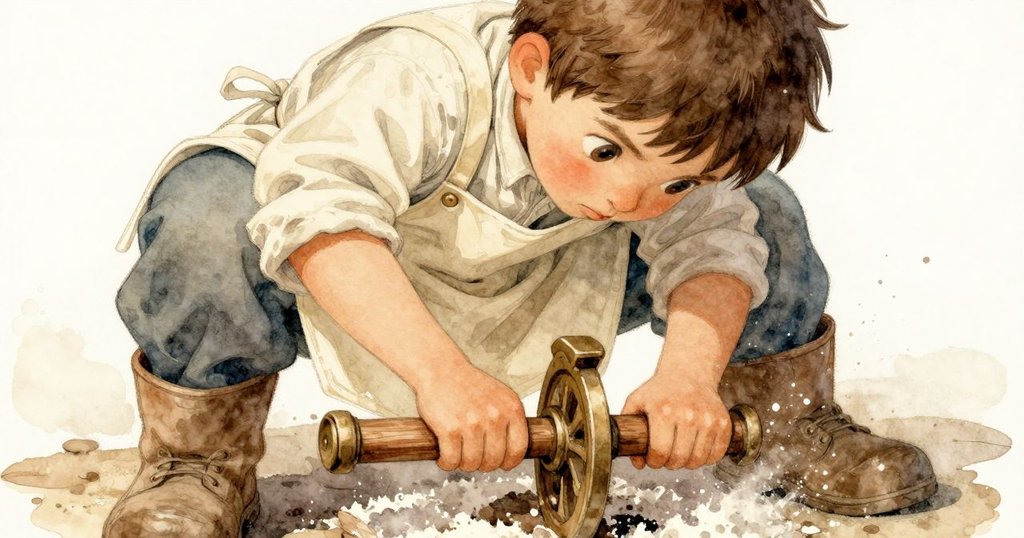 Stella的雙手專注操作舊木操縱桿，細節展現麵粉與塵土在光中漂浮，充滿溫柔專注感。