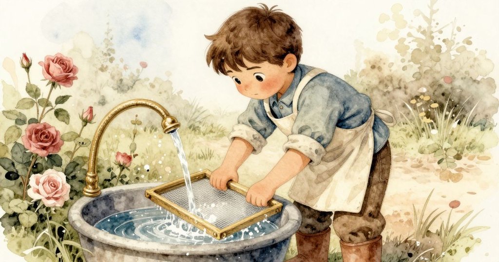 Stella在戶外水槽中仔細沖洗細網，水流攜帶麵粉碎片，背景顯露青苔石頭，春日光影明亮。