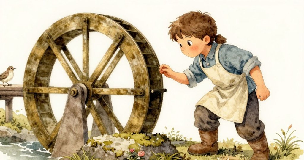 Stella在水輪邊注意到一隻好奇小鳥，共享靜謐發現瞬間，背景青苔石頭與柔和日光營造溫馨感。