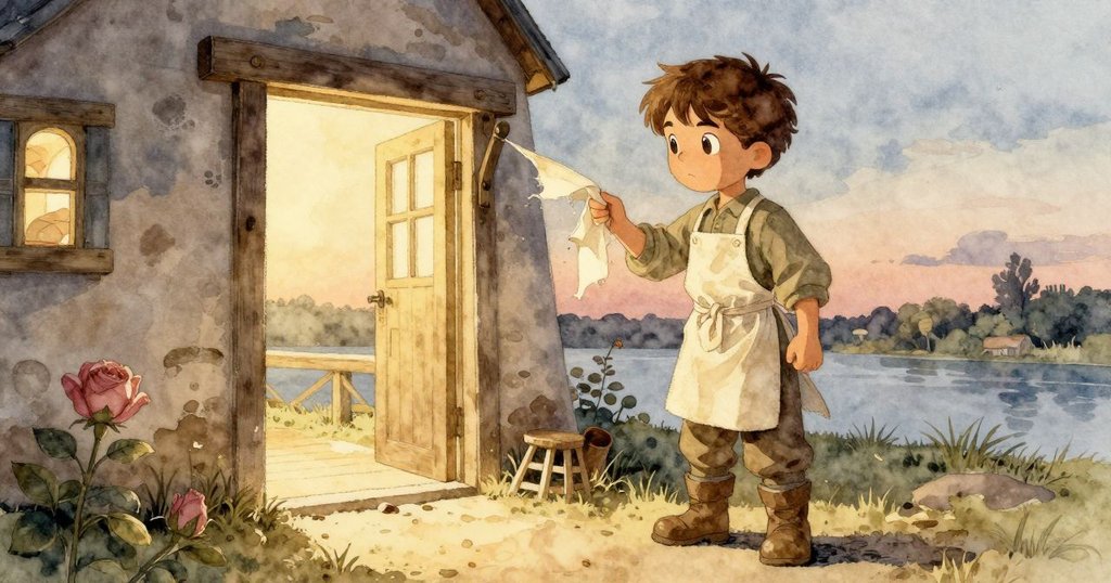 Stella在傍晚柔光中佇立於水磨大門前，靜觀破布與水滴細節，水輪平穩轉動，呈現堅持不懈之情。