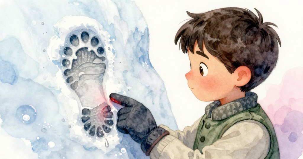 Zephyr跪於光滑地板上,用手套指尖輕觸新鮮的靴印,凝結水珠在紅光中閃亮,充滿神秘感。