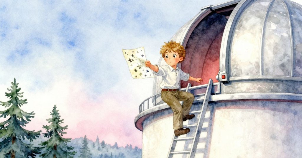 Kent手持星圖,自樓梯滑向中層,星圖上的鉛筆痕跡顯現枝狀細節,場景充滿科學氛圍。