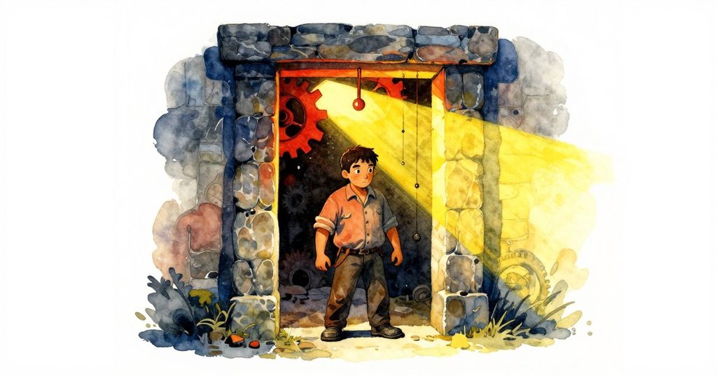 Quinn站在石門前仔細觀察擺動鐘擺與空凳，場景神秘且充滿舊時光氛圍。