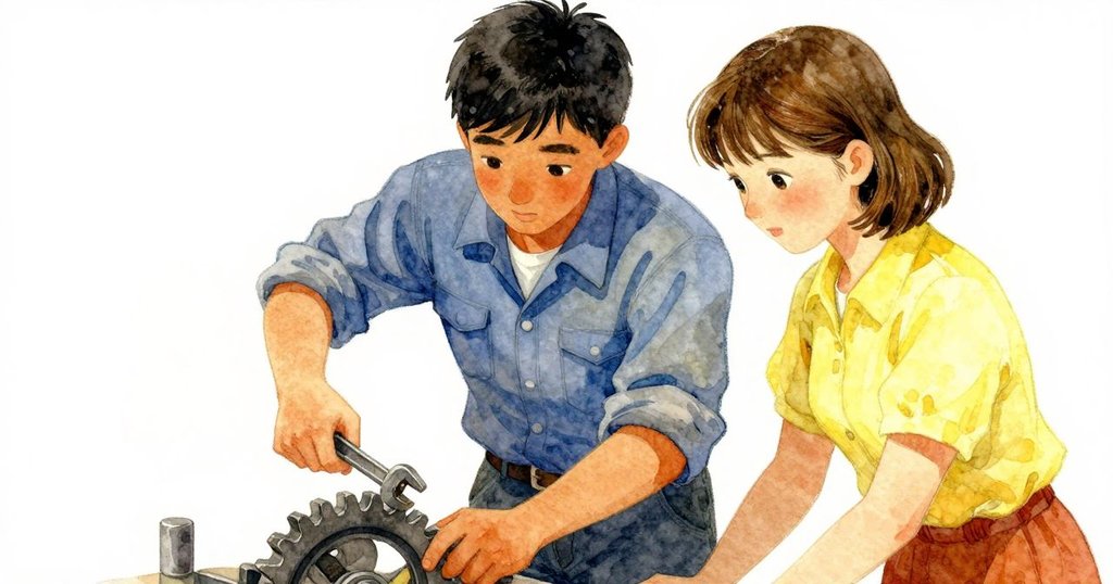 Quinn伸手使用細扳手調整舊式齒輪，特寫展示精細機械細節及溫暖光影。