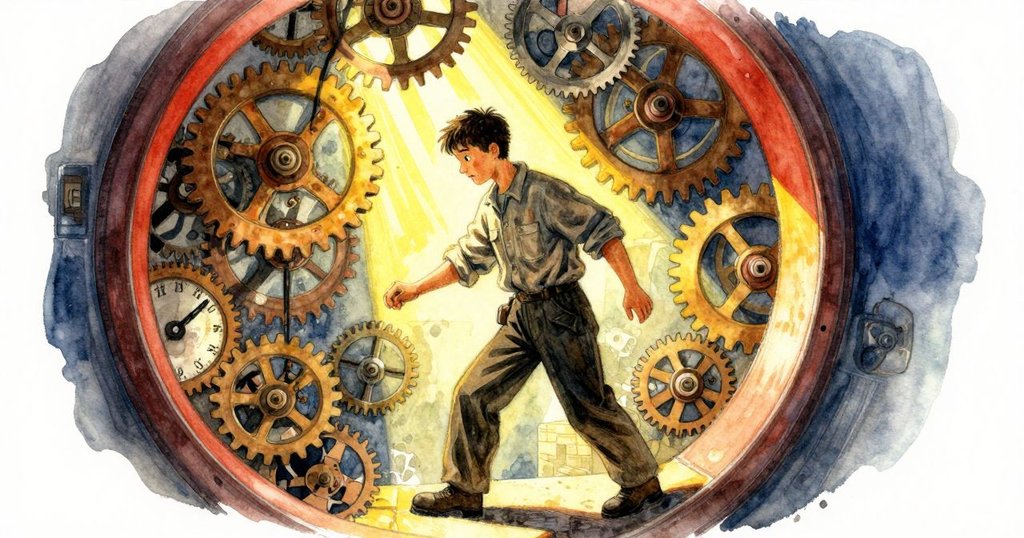 Quinn走進充滿層次齒輪與微塵的房間，陽光照射下展現複雜機械細節，場景富有深度。