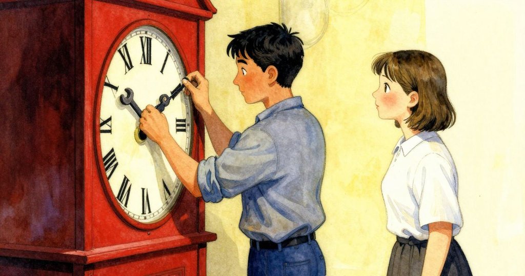 Greta與Quinn在古老鐘樓內互助，Greta輕放手於閂鎖上，Quinn專注轉動螺母，場景交織現實與夢幻。