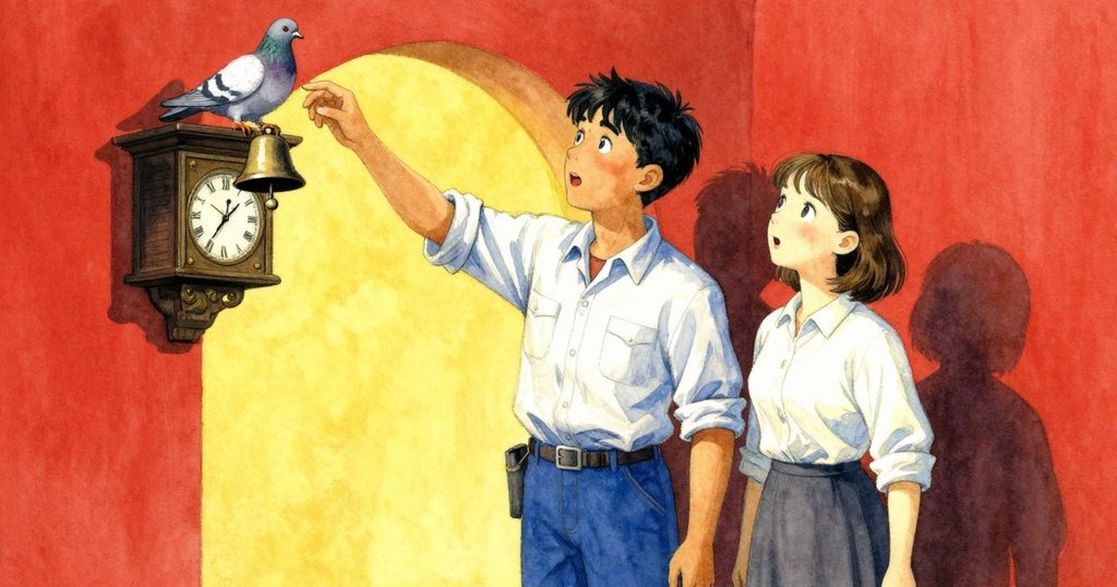 當鐘樓提前鳴鐘時，Quinn與Greta驚訝抬頭觀望，窗邊鴿子輕盈出現，畫面洋溢著突如其來的趣味。