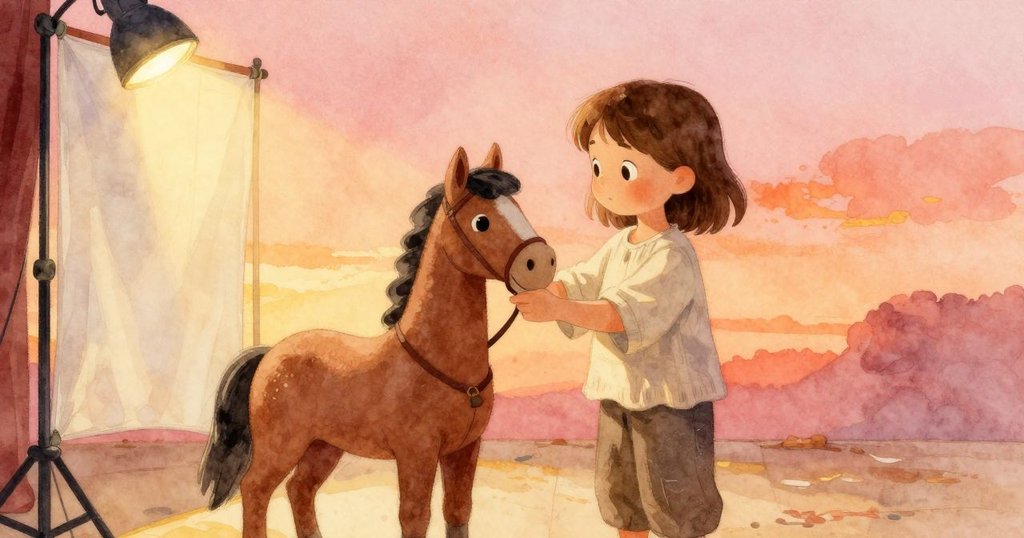 Vita在後台調整木偶，背景有棉幕與溫暖燈光，場景充滿劇場準備氣氛，展現專注與期待