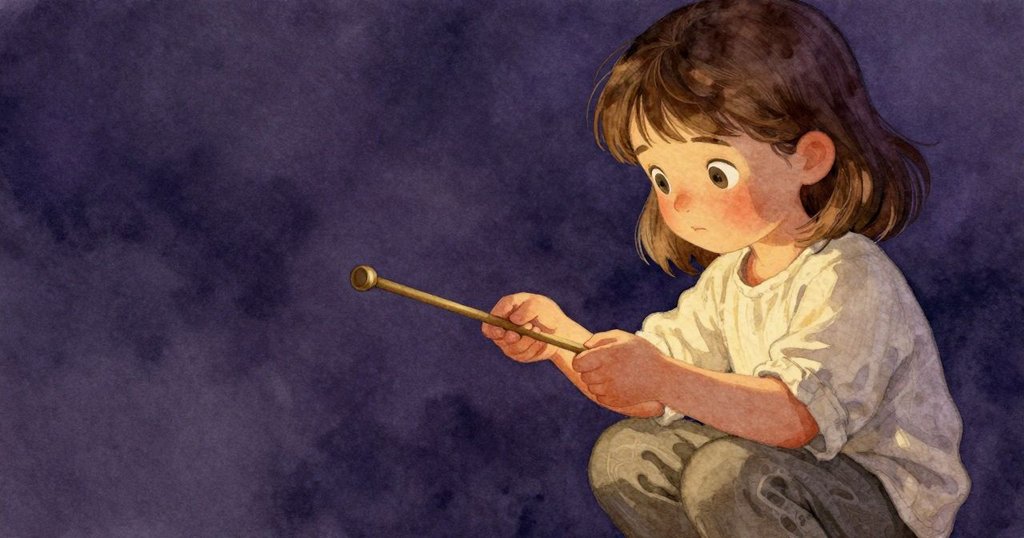 Vita專注調整木偶動作，眼神堅定，細節充滿溫柔燈光，展現內心矛盾與細緻情感