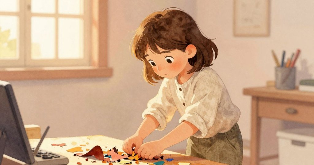 Vita在後台探索落地色皮屑與道具，自然窗光與燈光交織，呈現溫馨秋日氛圍，動作生動