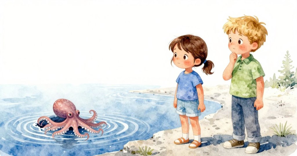 科拉蹲在潮池邊上，驚訝地看著從岩縫滑出的章魚與站在邊緣的埃里克，環境中光線柔和，展現開篇情境