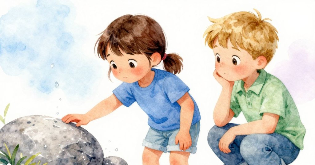 科拉的手輕觸著潮池邊濕潤的岩石，細節突出水珠與石面紋理，展現靜謐的探索瞬間