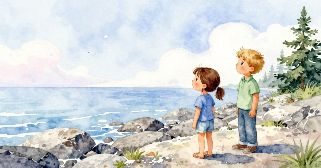 鹹風吹起岩石上的鹽霧，科拉與埃里克靜靜站在潮池邊，畫面展現大自然的廣闊與變化