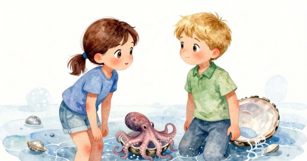 科拉與埃里克面帶喜悅互望，觀察著章魚在蛤蜊殼中建立的小屋，氛圍充滿溫暖慶祝的魔幻感