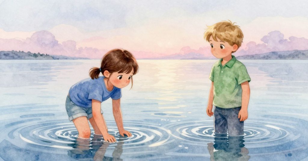 在柔和暮光中，科拉與埃里克靜靜凝望著仍閃爍著柔波的潮池，畫面傳達著期待未來冒險的延續感