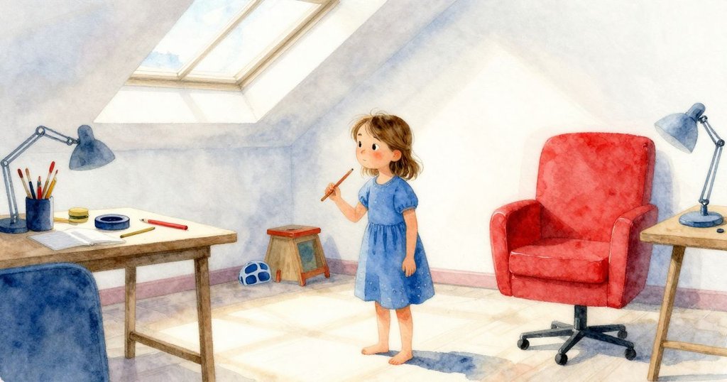 Ines在充滿陽光的室內工作室中準備創作，旁邊有冰質墨石和散落工具，天窗透入溫暖光芒，展現故事開端。