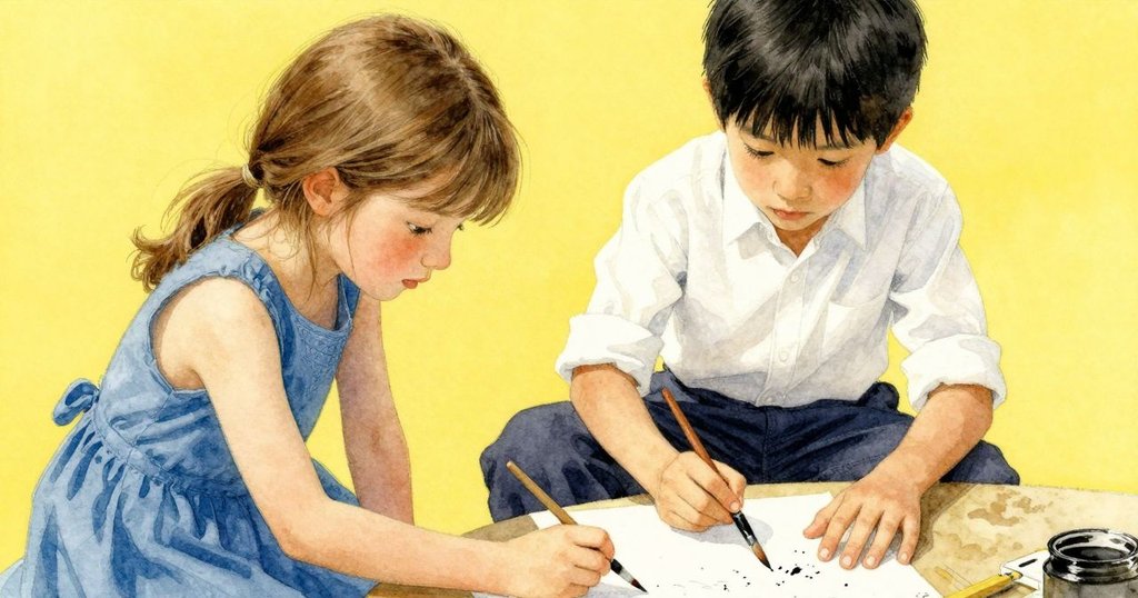 Ines的手正輕柔地伸向毛筆，近鏡展現紙上溢出的墨水與小鳥的足印，細膩捕捉創作瞬間。