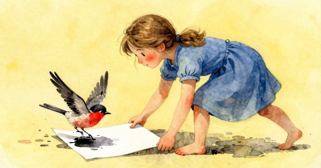 小鳥躍起觸碰濕墨，使紙面輕微傾斜，Ines神情專注穩定紙張，動態捕捉創作中突發的微妙瞬間。