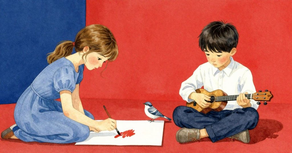 Ines重新揮毫，Wade默默點頭認可，小鳥安坐紙邊，寧靜工作室彰顯創作收尾與新起點。