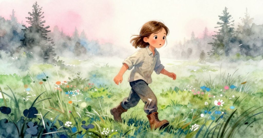 艾達在霧氣瀰漫的草地上探索，輕輕拭去濕霧與草露，展現好奇與期待的神情。