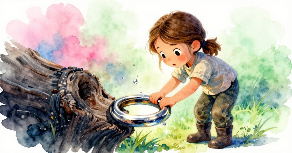 艾達手中木環細節特寫，輕輕敲擊後水滴飛濺，表情專注探索木環的紋理。