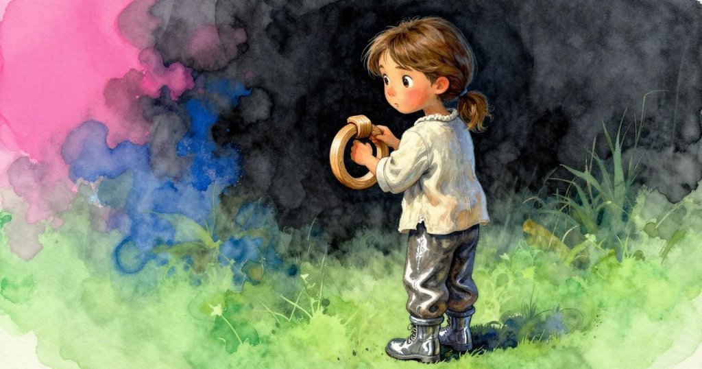 從艾達肩後視角看見她仔細觀察木環雕刻細節，帶有思索與工匠精神的溫暖神情。