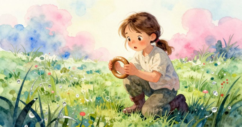 艾達跪於露水沾濕的草地上，專注聆聽木環的靜默回響，展現過去與現在交織的情感。