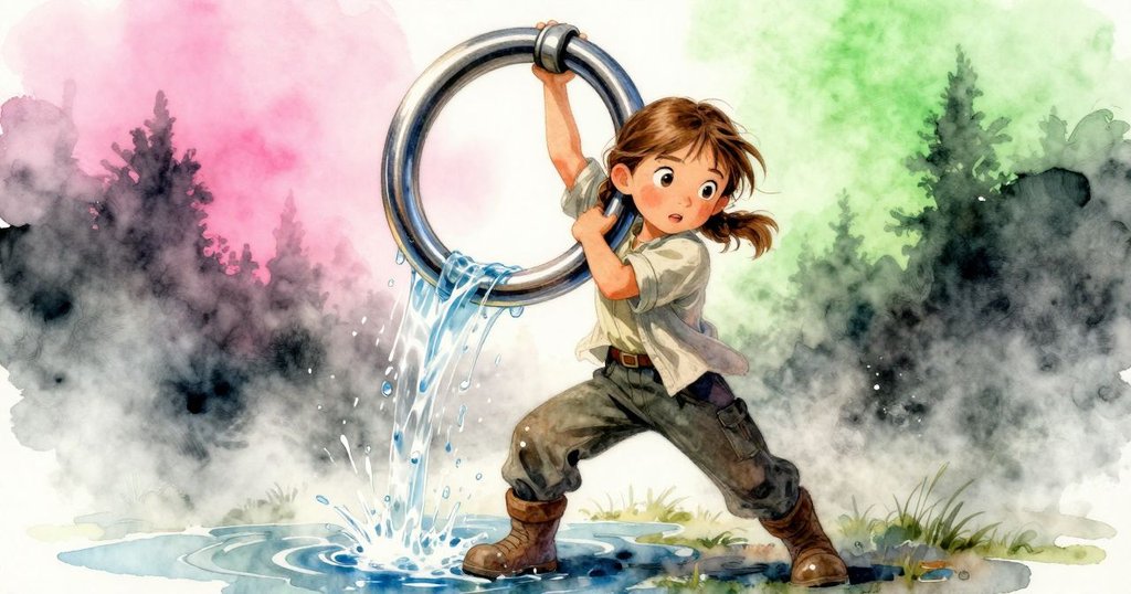 艾達抬起沉重木環，水珠自角落傾瀉，霧中隱約出現的身影引發驚喜與緊張氣氛。