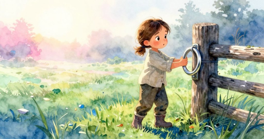 艾達在霧中將木環置於圍欄旁，夕陽輕灑金光，她帶著平靜與決心的微笑，結束探索之旅。